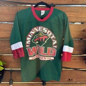 GTS 90s Minnesota Wild Hockey Jersey Boys L 14/16 Green Used Mesh V-Neck Graphic